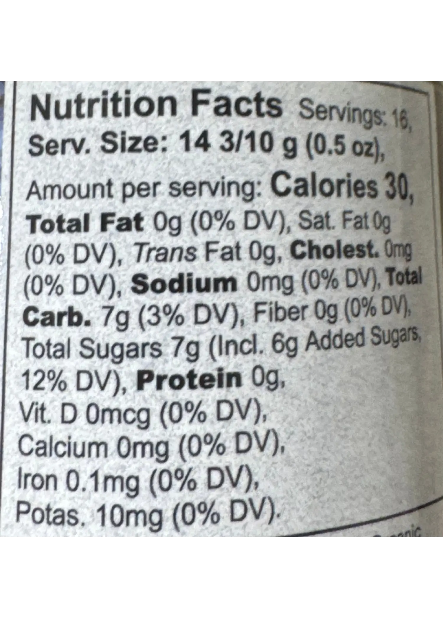 Nutrition Facts for Organic Local Blackberry/Blueberry Jam