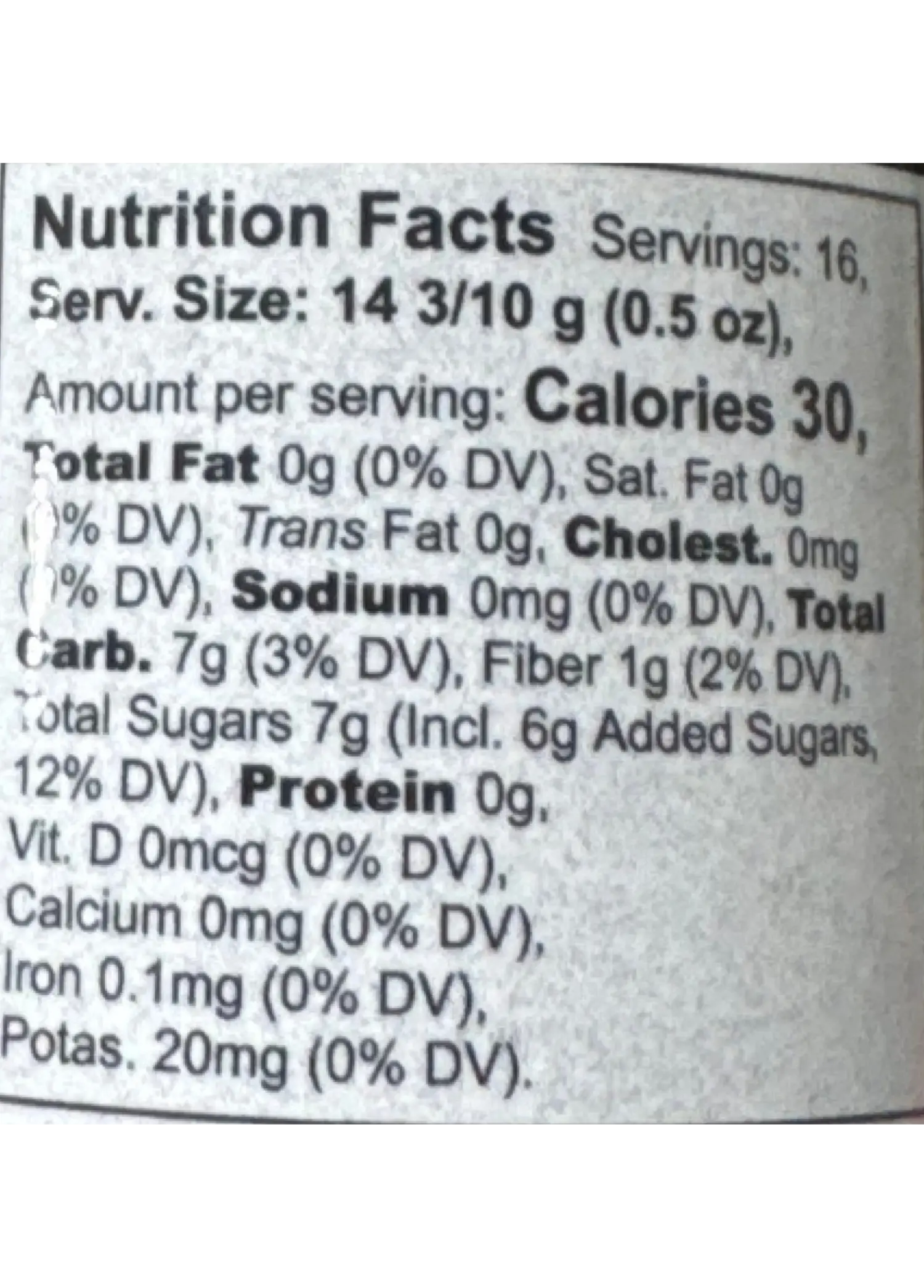 Nutrition Facts for Organic Local Blackberry/Raspberry Jam