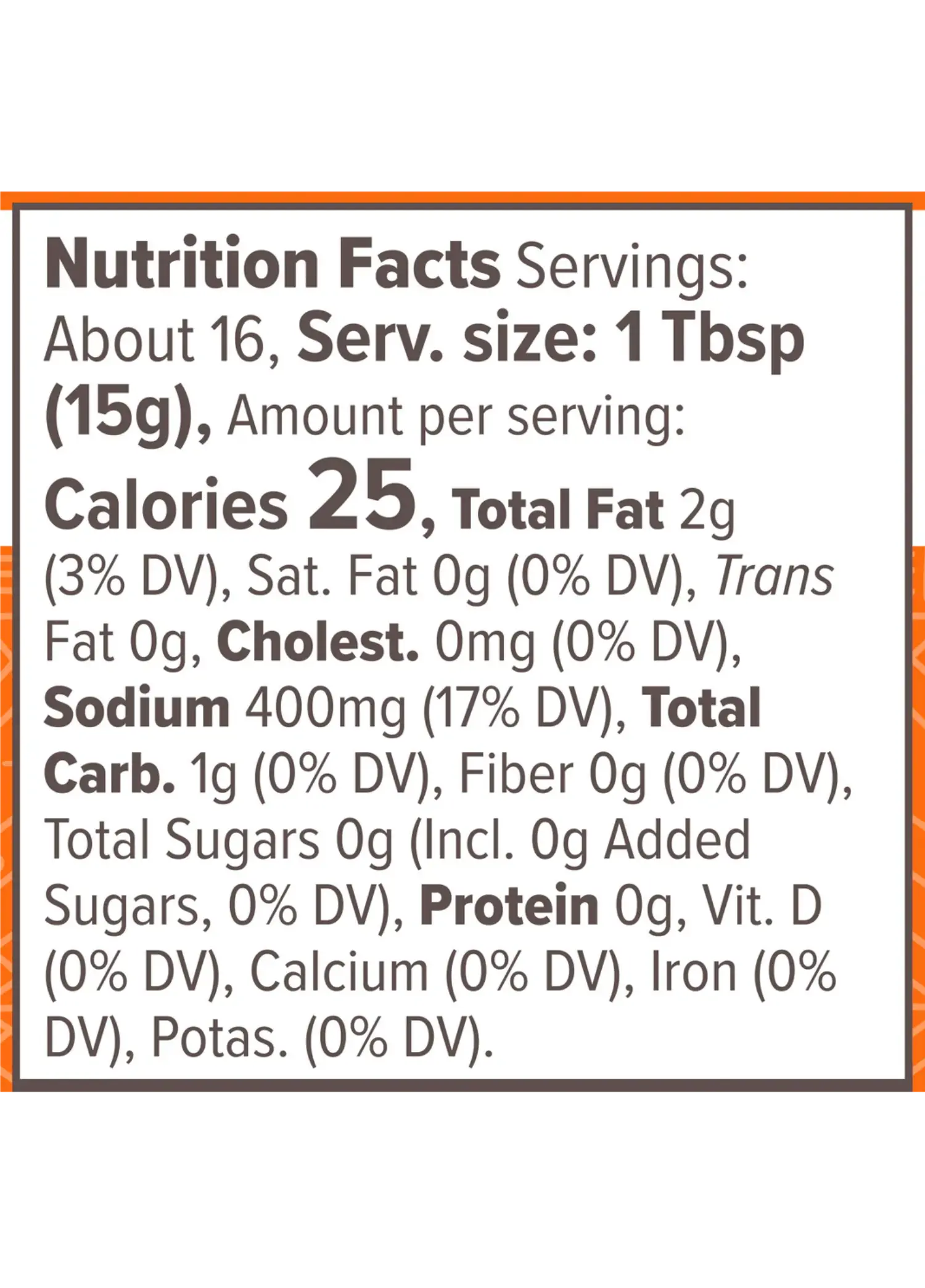 Nutrition Facts for Organic Buffalo Sauce