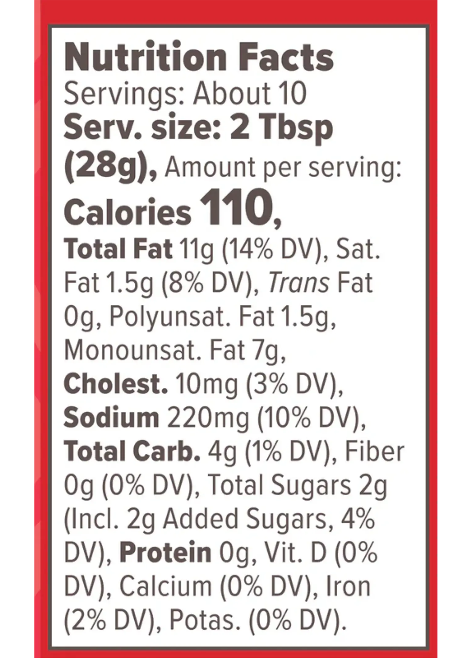 Nutrition Facts for Chicken Dippin Sauce