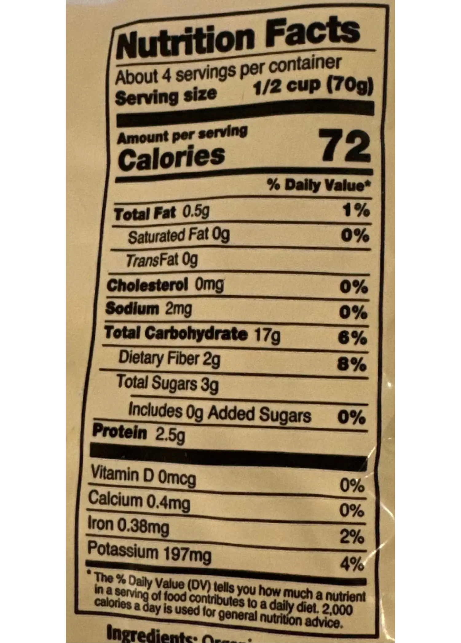 Nutrition Facts for Local Organic Corn
