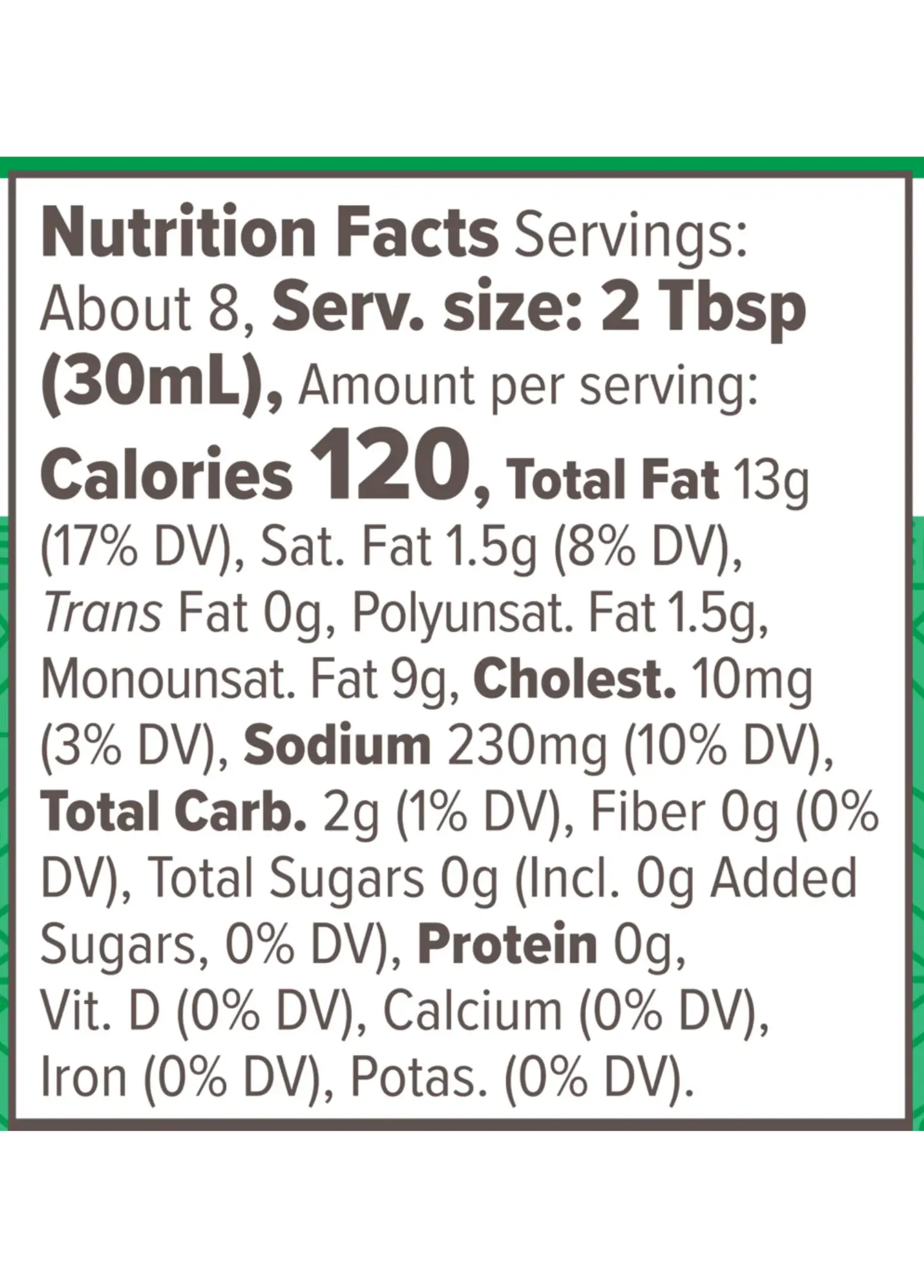 Nutrition Facts for Green Goddess Dressing