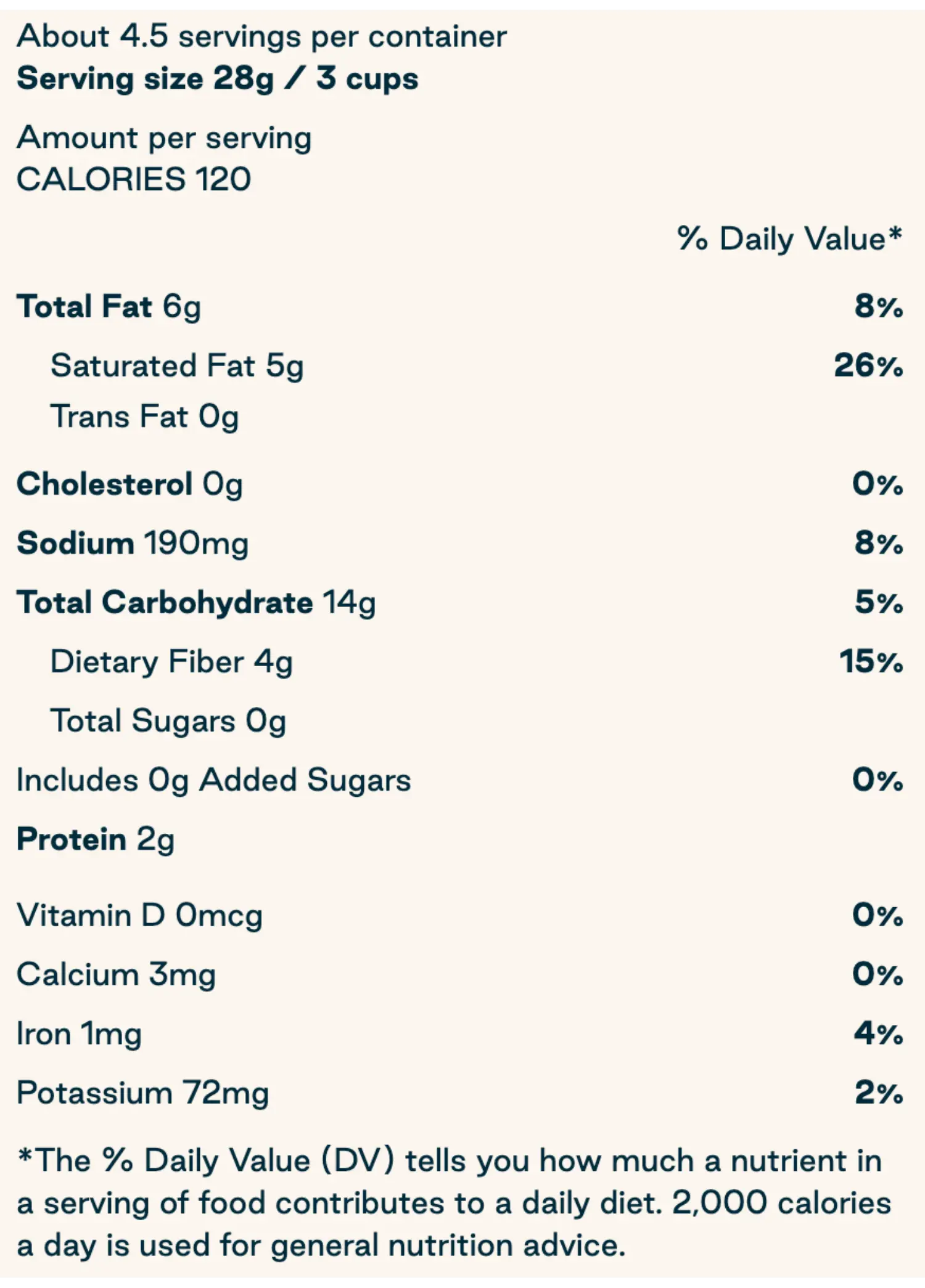 Nutrition Facts for Organic Himalayan Salt Popcorn