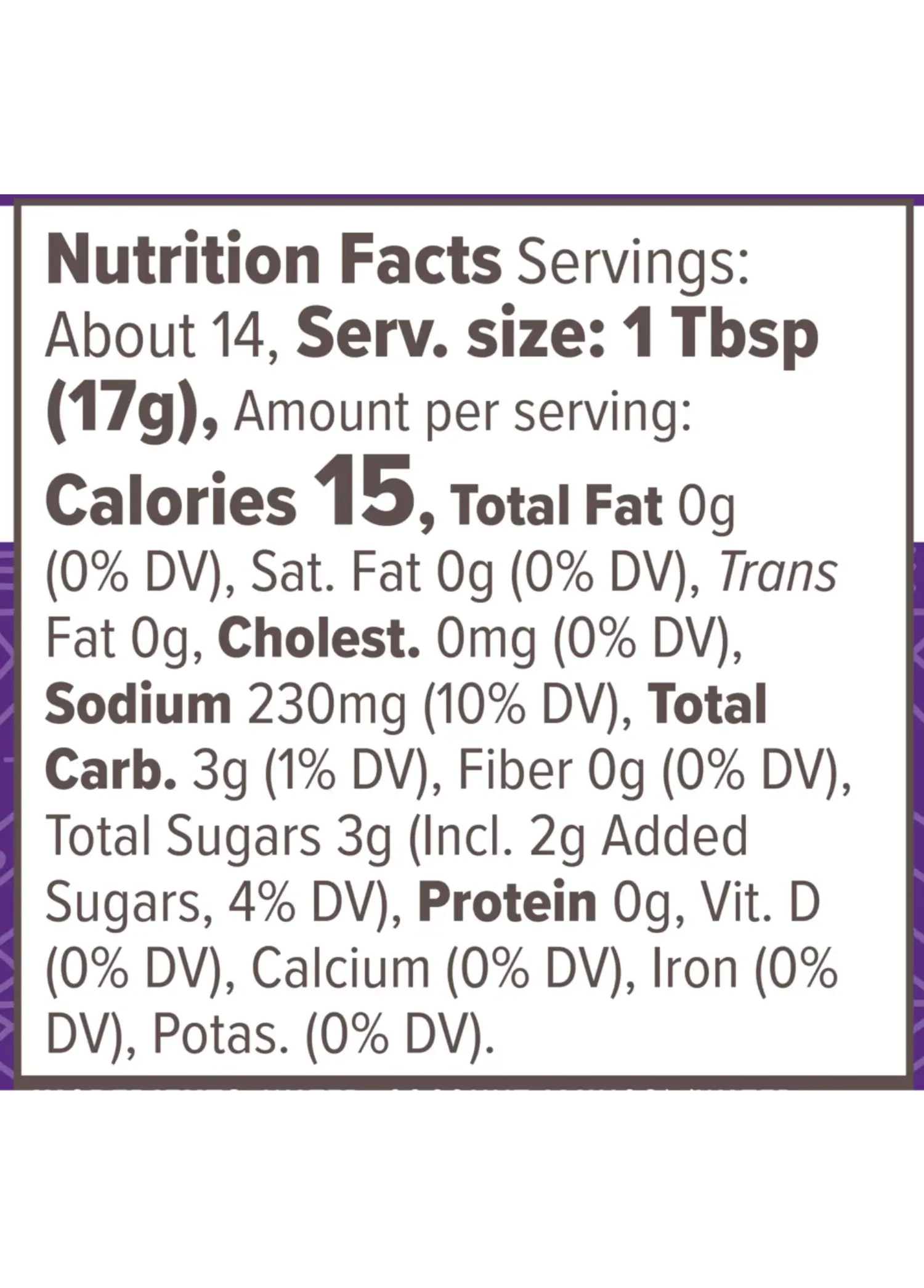 Nutrition Facts for No Soy Teriyaki Sauce