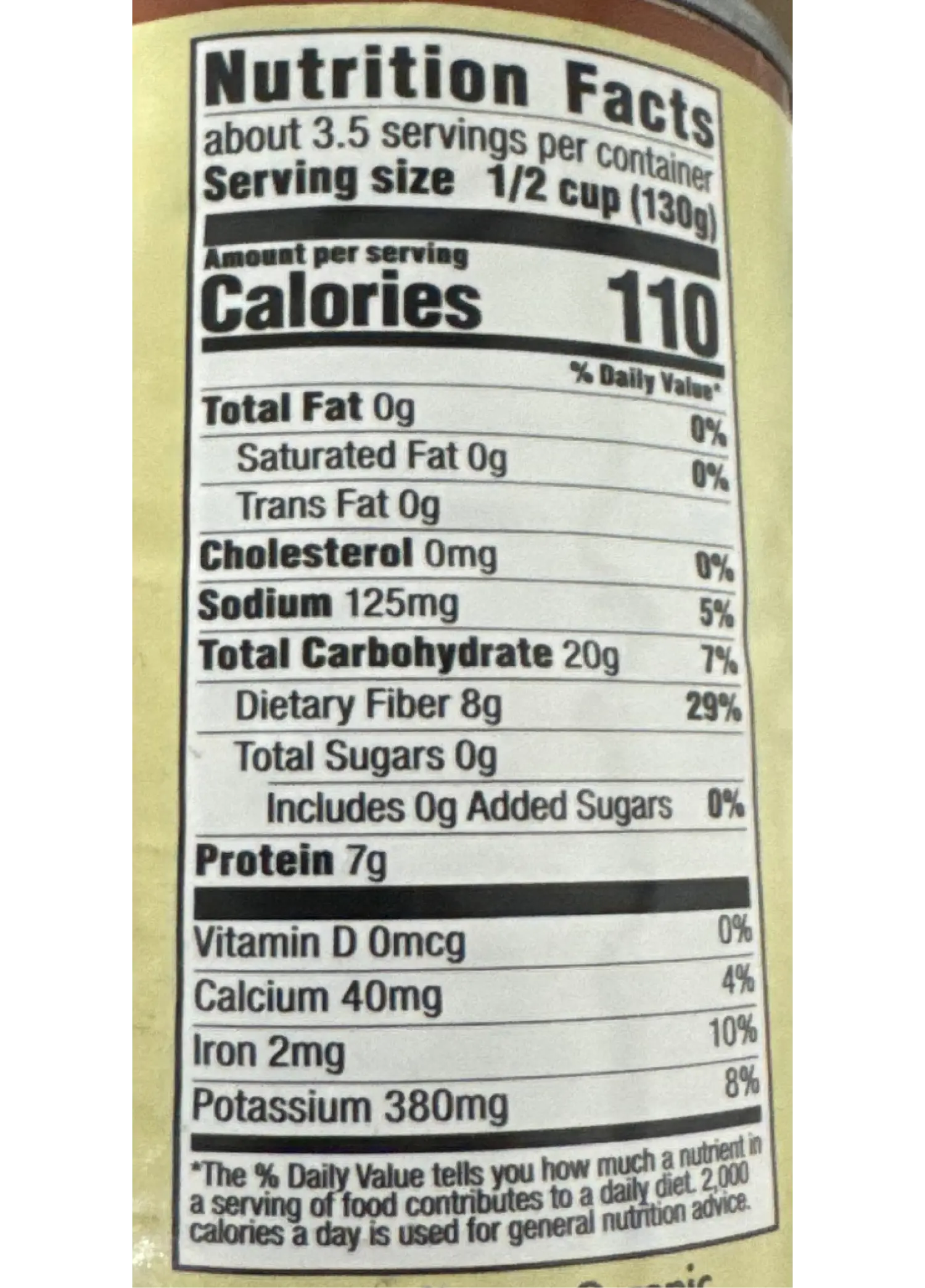 Nutrition Facts for Local Organic Black Beans