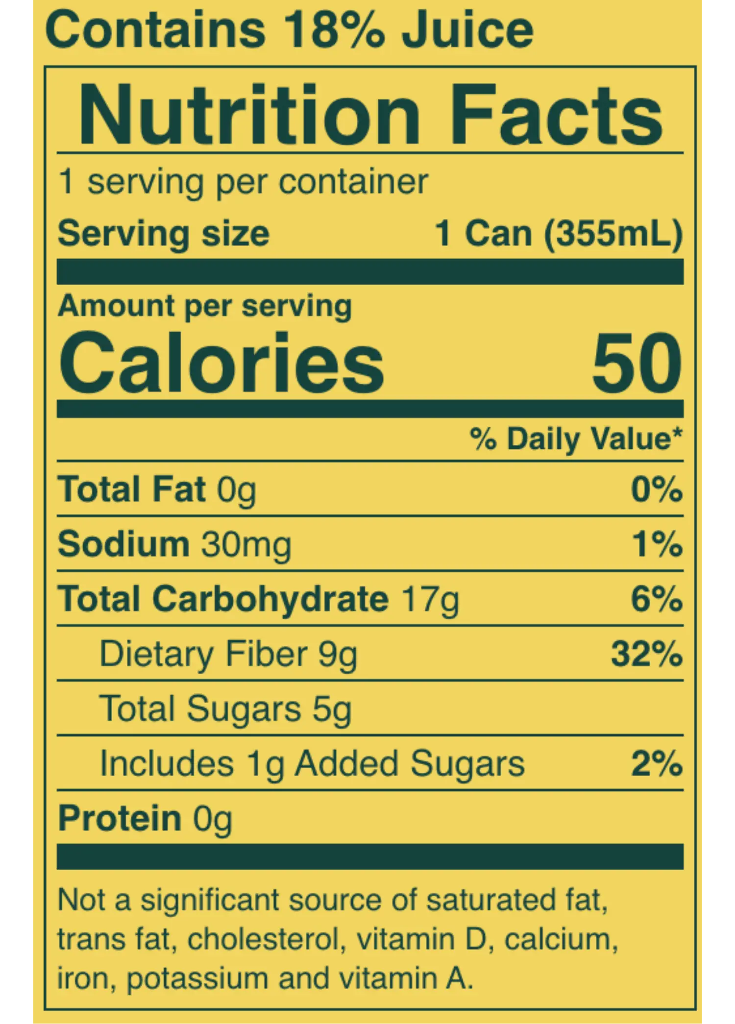 Nutrition Facts for Lemon Lime Prebiotic Soda