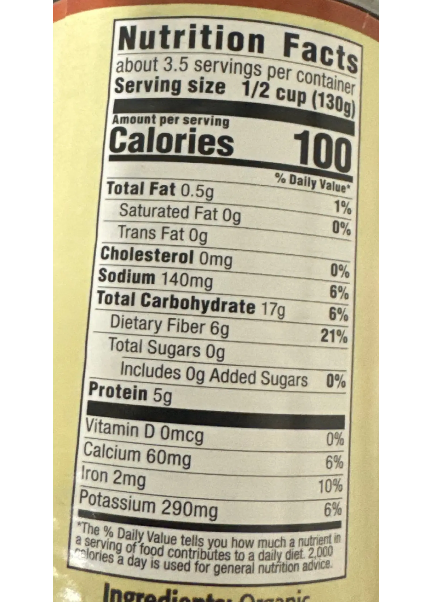 Nutrition Facts for Local Organic Navy Beans