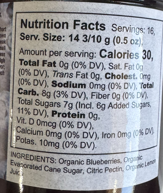 Nutrition Facts for Organic Local Blueberry Jam
