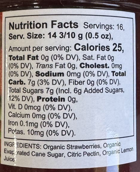 Nutrition Facts for Organic Local Strawberry Jam