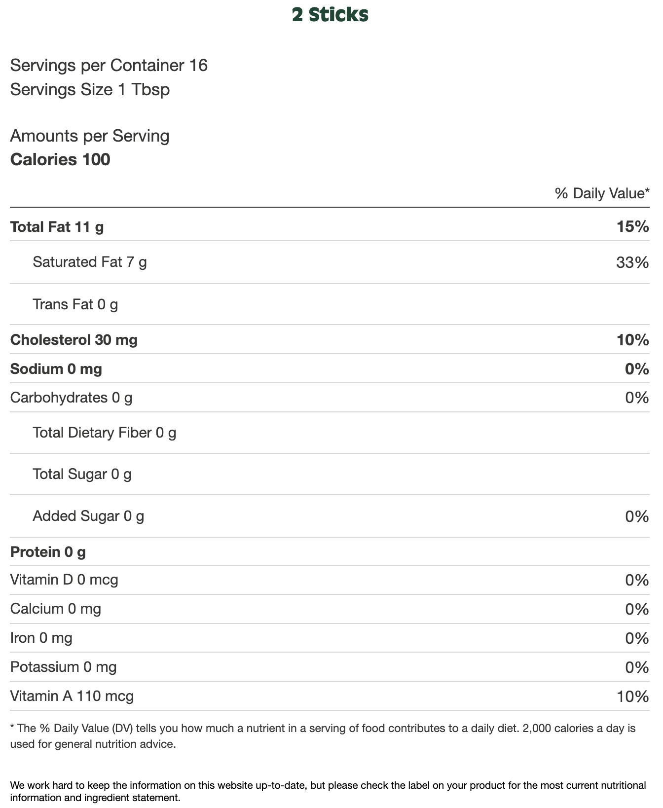 Nutrition Facts for Organic Unsalted Butter
