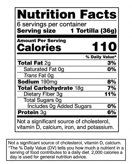 Nutrition Facts for Spelt Tallow Tortillas - Regular