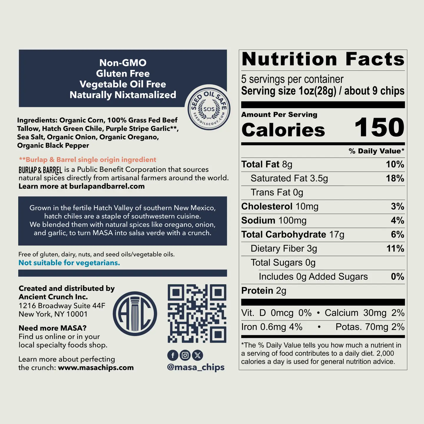 Nutrition Facts for Tallow Tortilla Chips, Hatch Chile