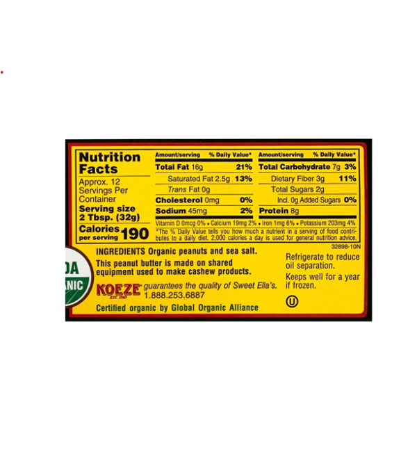 Nutrition Facts for Creamy Peanut Butter, Local & Organic