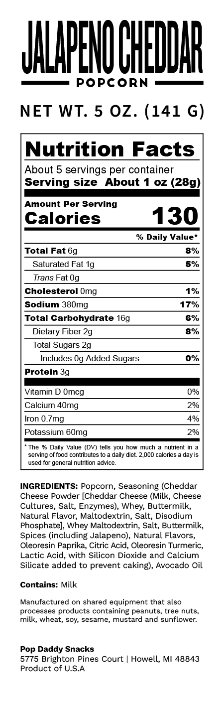 Nutrition Facts for Jalapeno Cheddar Popcorn