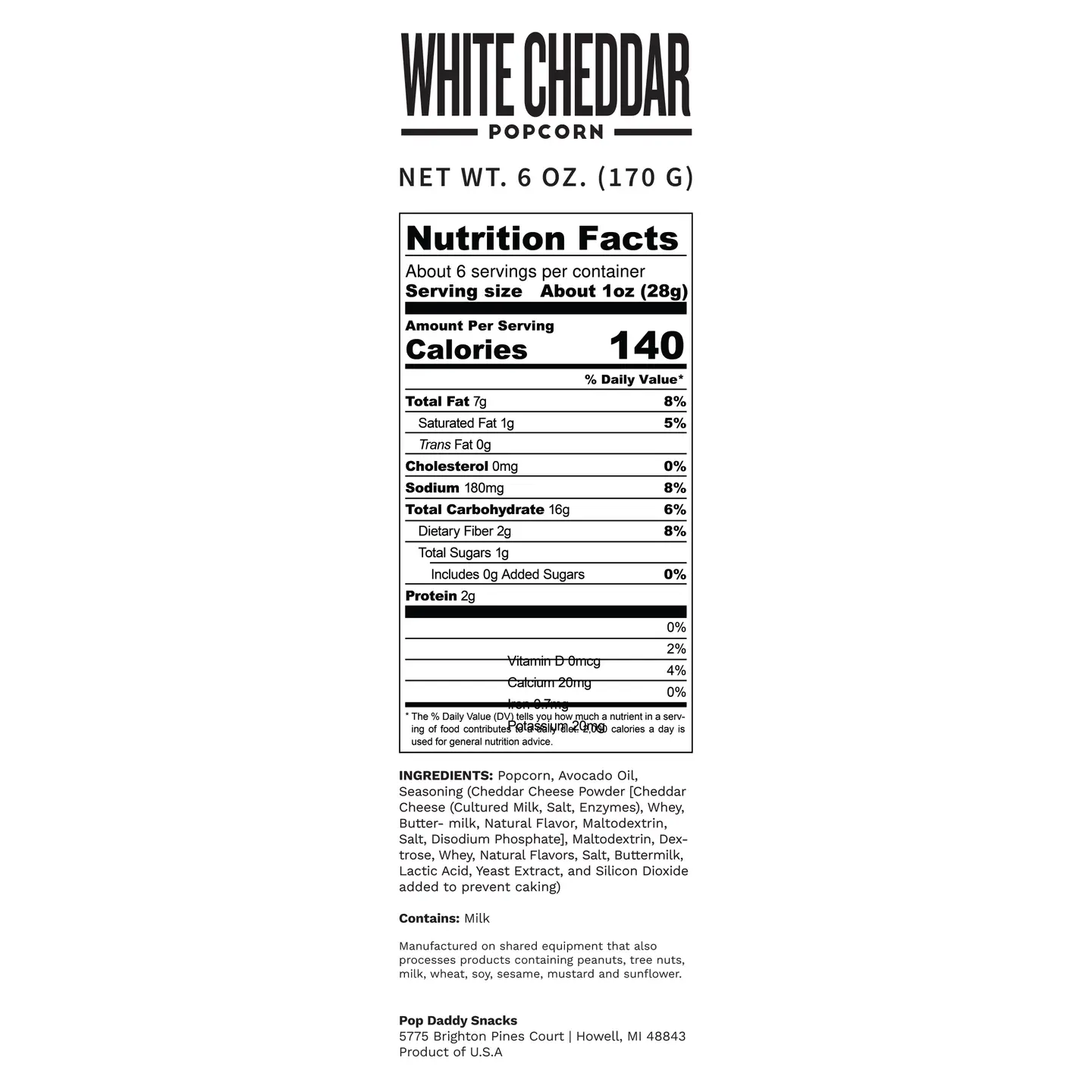 Nutrition Facts for White Cheddar Popcorn