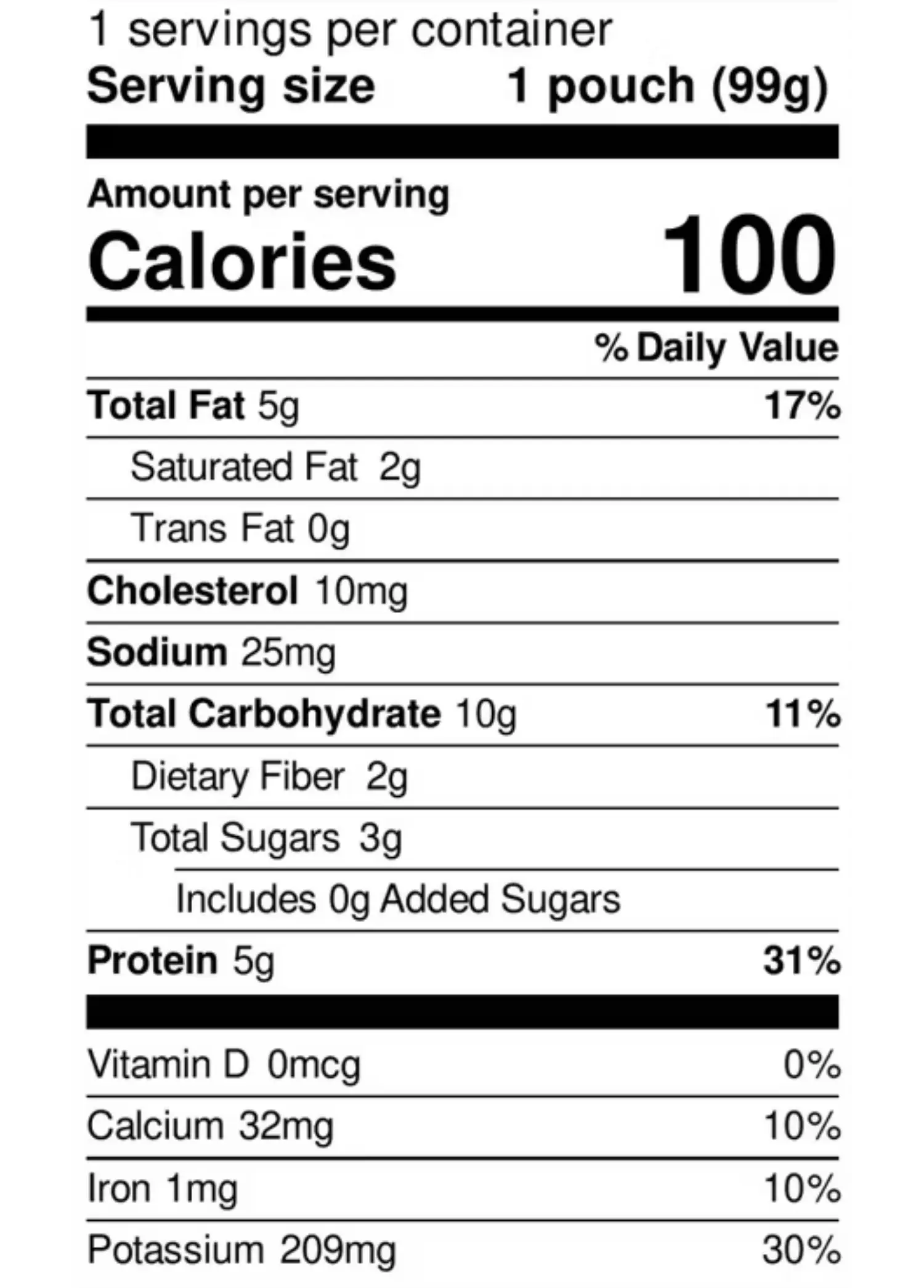 Nutrition Facts for Grass Fed Beef with Organic Kale & Sweet Potato Pouch